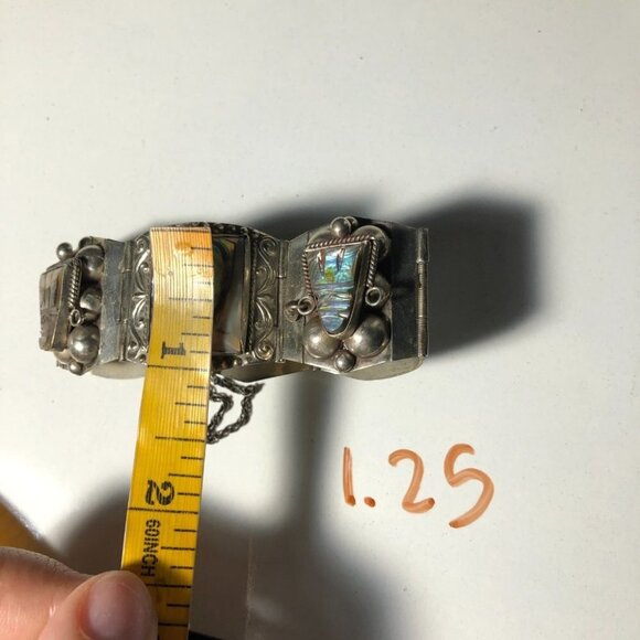 Vintage Sterling Silver Panel Bracelet Abalone Aztec Taxco Mexico Eagle Head - Picture 14 of 15